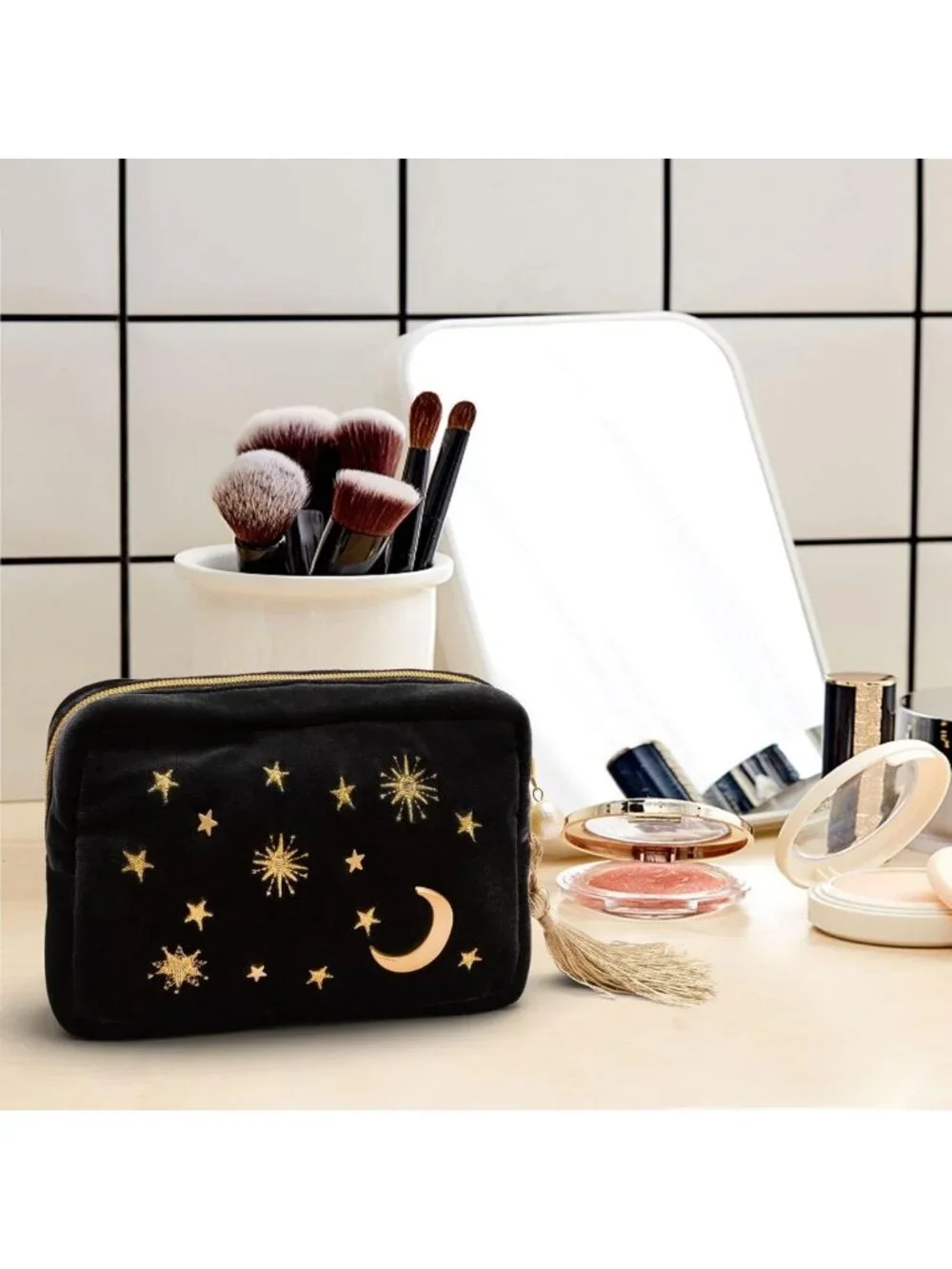 Navy Velvet Starry Makeup Bag with Tassels & Pearl Zipper - Cosmetic Storage